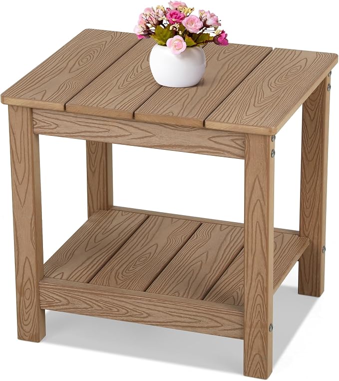 Stoog HIPS Outdoor Side Table, Weather Resistant 2-Tier Rectangle Patio End Table, Easy to Clean & Maintain, for Deck, Balcony, Garden, Teak
