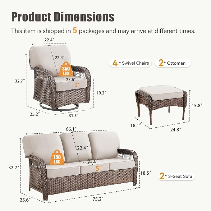 8 PCS Patio Furniture Set Outdoor Sectional Sofa Couch with Rocking Swivel Chairs 5" Deep Seat Chairs, Modern Wicker Rattan Conversation Set, Beige/Brown Wicker