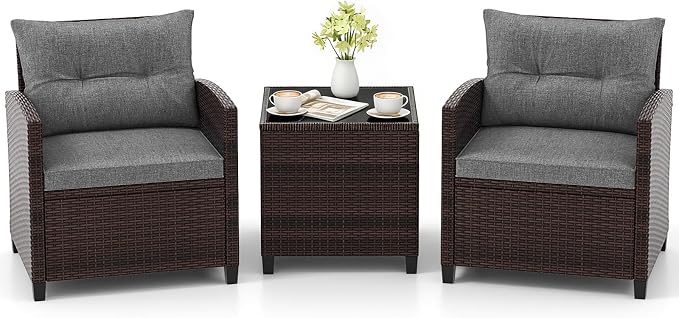COSTWAY 3PCS Patio Furniture Set, PE Rattan Wicker Sofa w/Washable Cushion and Coffee Table, Tempered Glass Tabletop, Outdoor Conversation Set for Balcony, Porch, Yard, Backyard, Lawn (Grey)