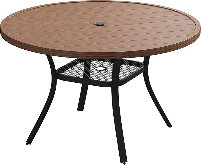 Patio Dining Table for 4-6, Round Metal Outdoor Table with 1.57" Umbrella Hole, 47" Outdoor Slat Tabletop Dining Table for Backyard, Porch, Lawn, Walnut