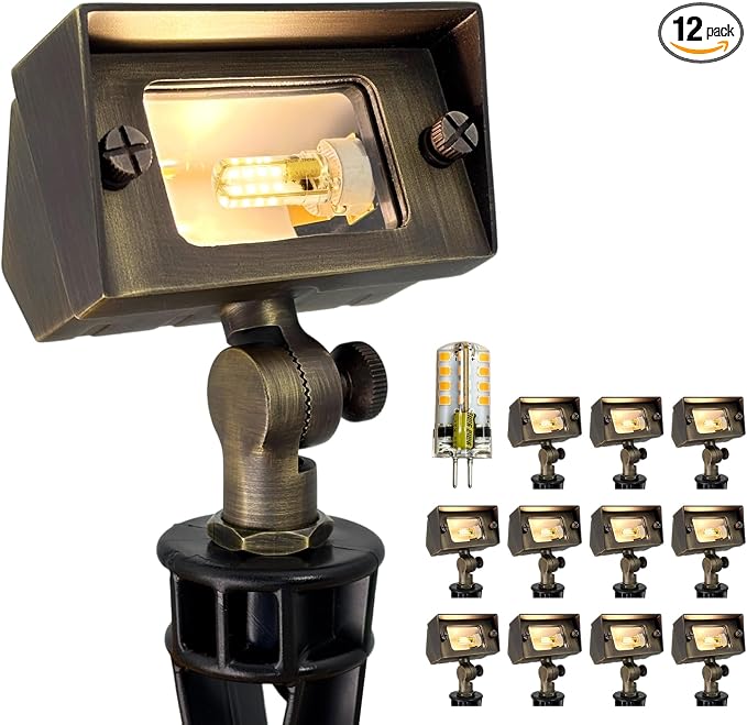 COLOER Brass Small Rectangular Flood Lights Outdoor 12 Pack with 3W 2700K Warm White LED G4 Bulb, 12V Low Voltage Landscape Outside Lights for House Illuminating Signs, Walls and Plant Material