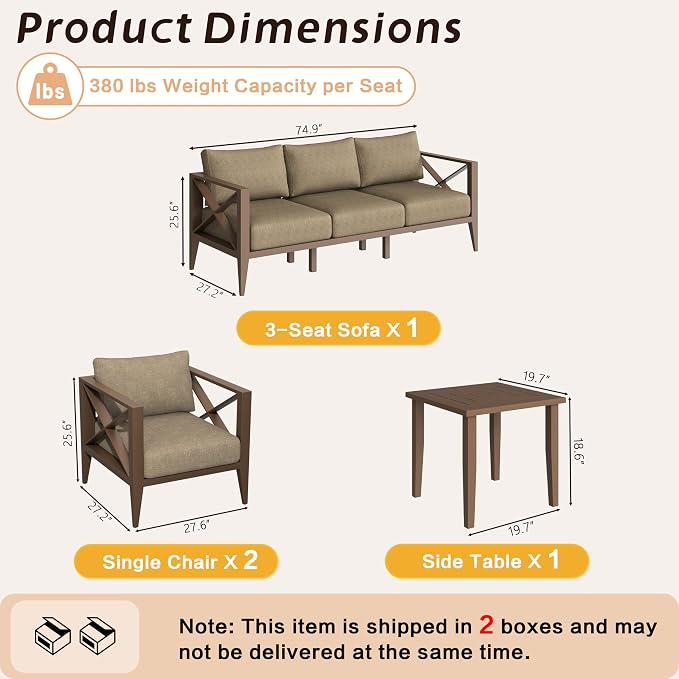 7-Piece Oversized Aluminum Patio Furniture Set–Brown Outdoor Conversation Sofa Set with Coffee Table, Deep Seating, Rust-Proof, All-Weather for Backyard, Deck, Balcony
