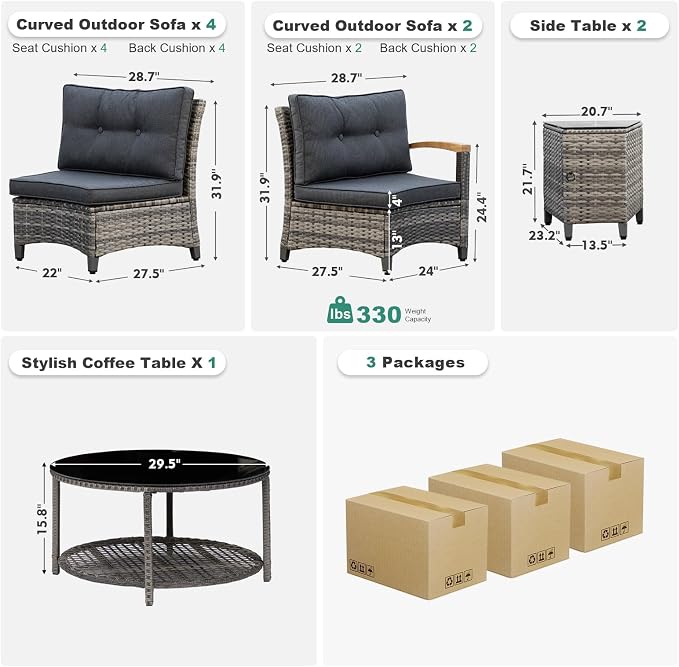MEISSALIVVE 9-Piece Half-Moon Curved Outdoor Patio Furniture Set, Sectional Conversation Sofa with Wood Armrests, Coffee & Side Tables for Backyard Deck Garden, Grey