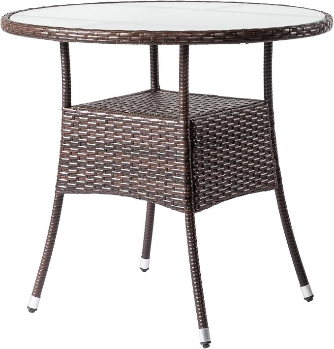 31.5" Patio Rattan Dining Table, Outdoor Patio Wicker Round Dining Table, Frosted Glass Tabletop,Double-Layer Storage, Fits 4-Person Dining for Backyard Deck Porch Poolside, Brown