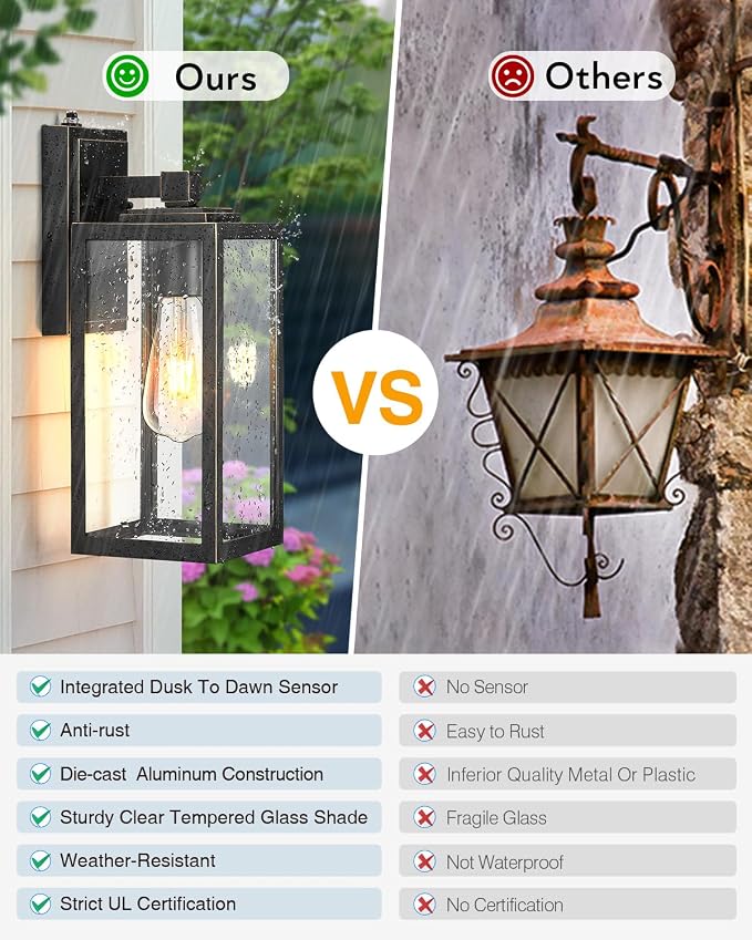 VIANIS Dusk to Dawn Outdoor Wall Light, Large Exterior Garage Light Fixtures Wall Mount, Modern Front Porch Lanterns Wall Sconce Lighting, Anti-Rust Waterproof Outside House Lights for Coach Home