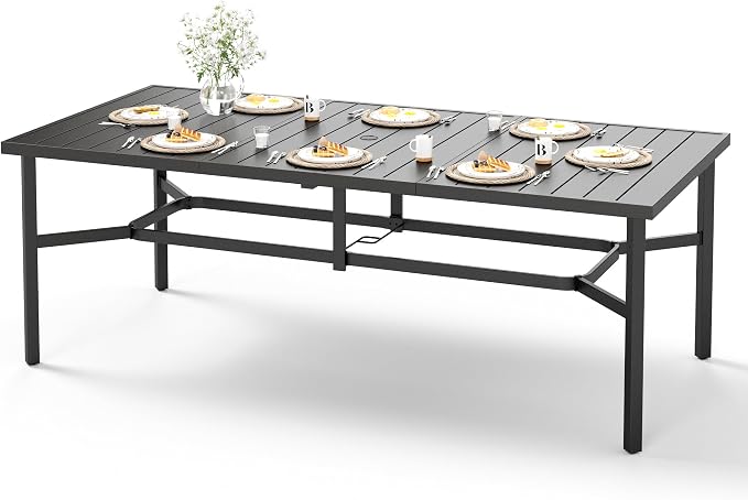 HERA'S HOUSE Patio Table, 8 Person Outdoor Dining Table with Umbrella Hole, Rectangle Black Metal Table for Lawn Garden Backyard Restaurant, 83" L x39 W x29 H