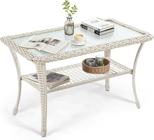 VIVIJASON Outdoor Wicker Coffee Table, All-Weather Rattan Patio Coffee Table with 2-Tier Storage, Tempered Glass Top Rectangle Center Table for Deck, Garden, Balcony, Porch, Cream White