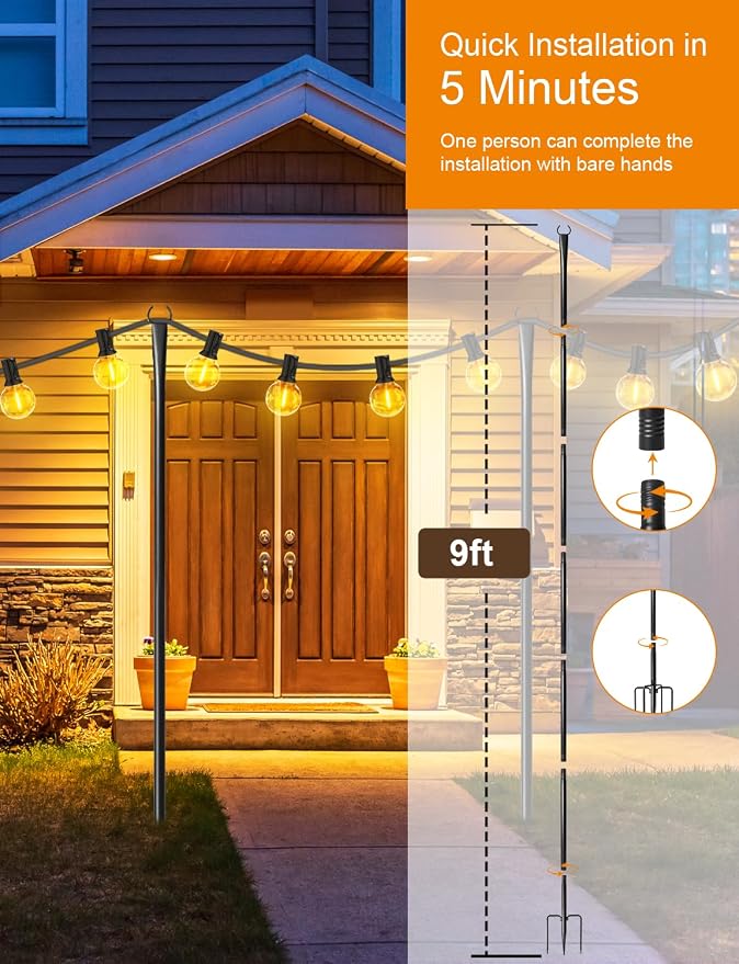 10 Pack String Light Poles for Outside with Ground Stakes and Fence Clips | Adjustable 7-section metal patio light poles for string lights and lanterns; for garden, patio, backyard and outdoor decor.