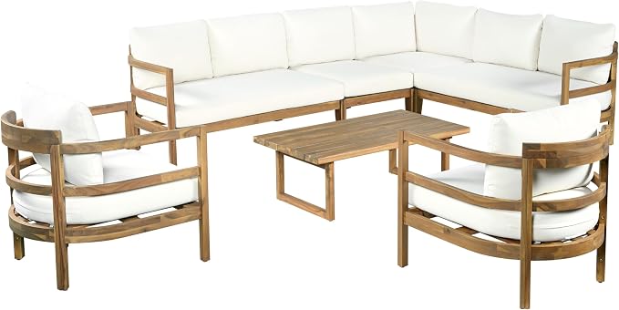 Christopher Knight Home Outdoor Acacia Wood 7 Seater Sectional Sofa Set with Thick Cushions Patio Conversation Set Modular Outdoor Seating with Coffee Table and Club Chairs for Patio Garden Deck