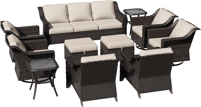 11 Pieces Patio Conversation Furniture Set - 1 Sofa, 2 Ottoman, 2 Armchairs, 4 Swivel Chairs, 2 Side Tables, Outdoor Wicker Furniture with Removable Cushions for Porch, Sunroom (Beige)