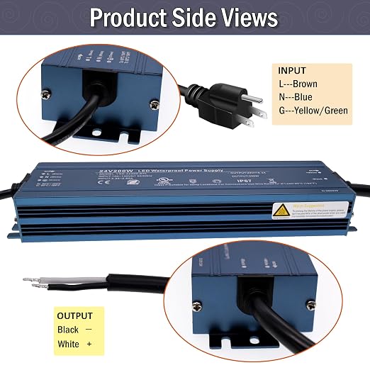 24V 200W UL Listed LED Power Supply with 3.28ft US Standard Plug Wire | Waterproof IP67 Low Voltage Transformer, 100V-130V AC to 24V DC Converter for DC24V LED Lighting Products