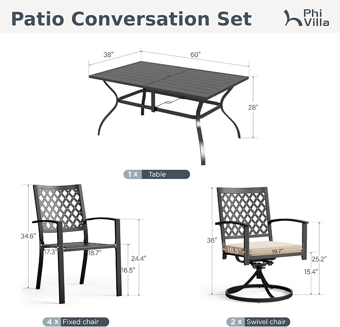 PHI VILLA 7 Pcs Outdoor Dining Set for 6&Fixed Swivel Chairs Combo | 60”Rectangular Black Metal Table with Umbrella Hole Patio Furniture Set for Patio, Deck, Backyard, Porch