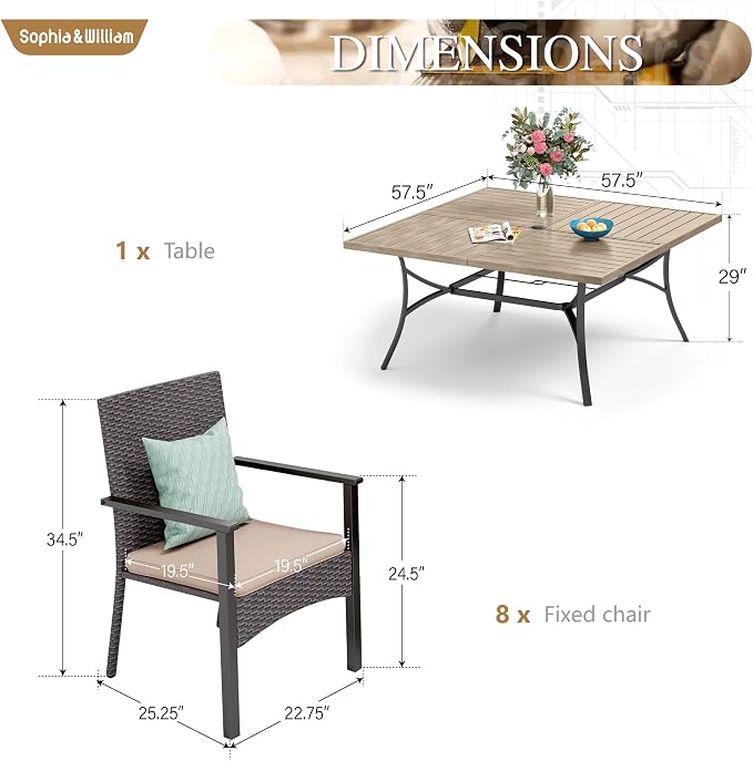 Sophia & William 9pc Square Patio Dining Set for 8, Rattan Chairs | Patio Table Set for 8, Teak Color Metal Table with Umbrella Hole, Wicker Chairs, Rust-Resistant Frame