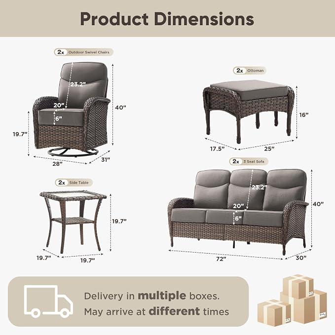 8-Piece Patio Furniture Set with Upgraded 6" Thick Cushion - High Back Outdoor Swivel Rocker Chairs with 3-Seater Sofa Set of 2,Ottomans,Wicker Outdoor Conversation Set for Deck, Porch, Yard, Poolside
