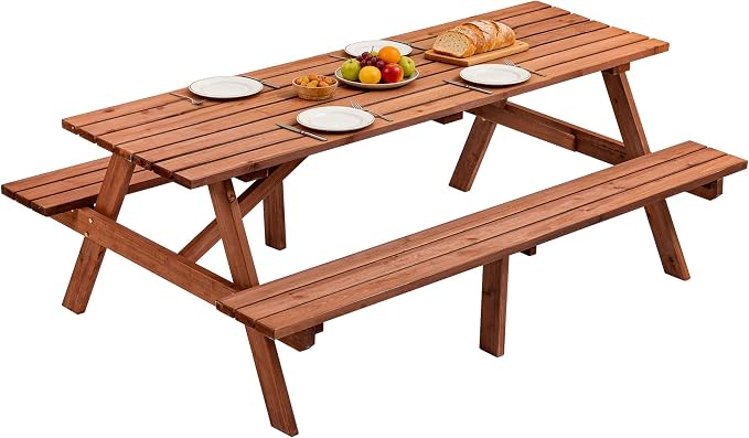 75'' Wooden Picnic Table,Outdoor Wooden Dining Rectangle Table w/Umbrella Hole,Picnic Table Bench Set for 6 or 8 Person, Natural for Camping, Garden & BBQ,Brown