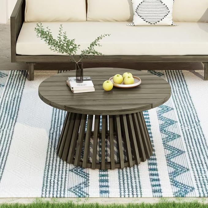 JIJIWANG 31.5" Outdoor Acacia Wood Patio Coffee Table for 2-4 Person, Round Coffee Table for Backyard, Lawn, Balcony, Grey Finis