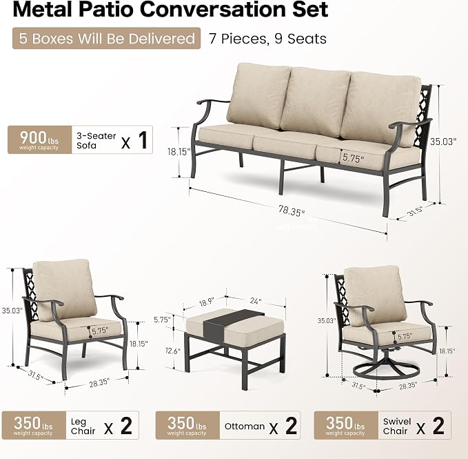 SUNSHINE VALLEY 7 Piece Outdoor Patio Furniture Sets Metal Modern Outoor Patio Conversation Set with 5.75" Extra Thick Cushion for Deck Backyard