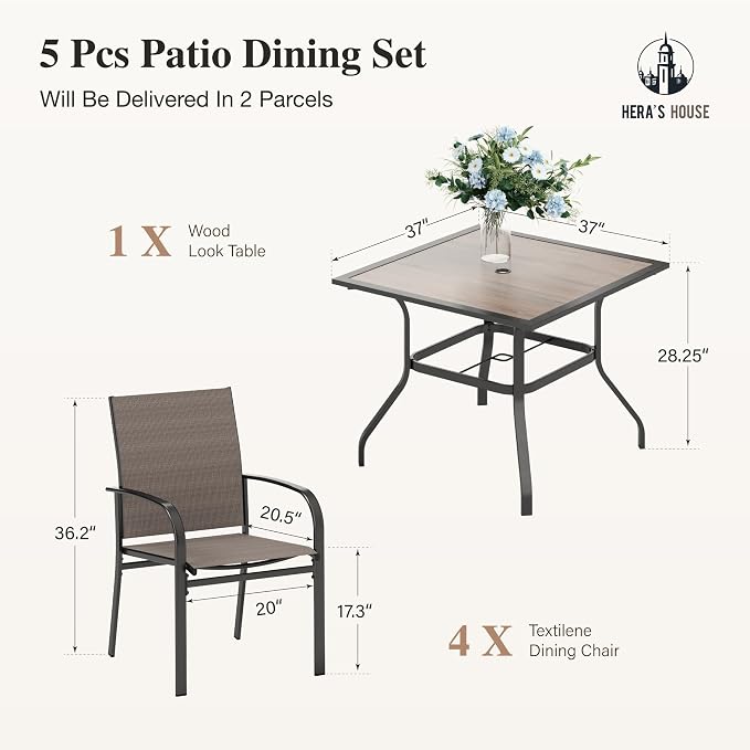 HERA'S HOUSE Patio Dining Set for 4, Wood-Look Metal Table, Brown Chair | 37" outdoor square table + textilene chairs, All-weather, rust-resistant for Lawn Garden Backyard