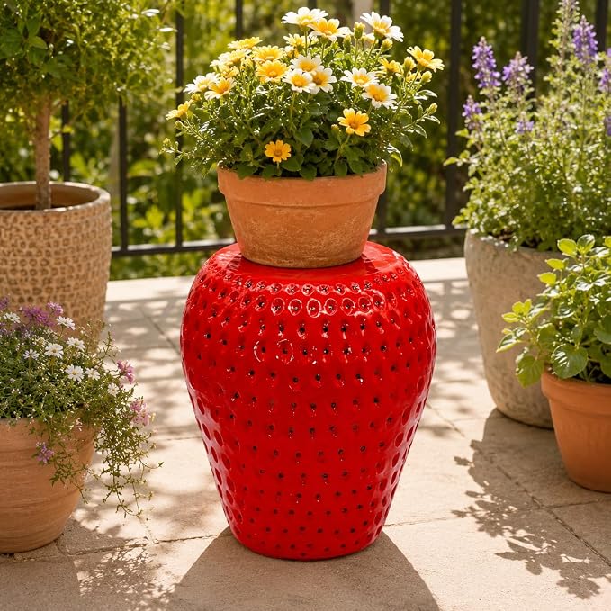 13.4" Strawberry Outdoor Garden Stool, Funky Fruit Side Table Indoor, Vibrant Table Home Decor Plant Stand Garden Indoor Outdoor Decorations