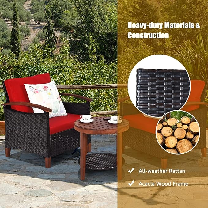 HAPPYGRILL 3 Pieces Patio Conversation Set Outdoor Rattan Wicker Sofa Set with Cushion and Acacia Wood Frame Table and Chairs Set for Garden Poolside Balcony