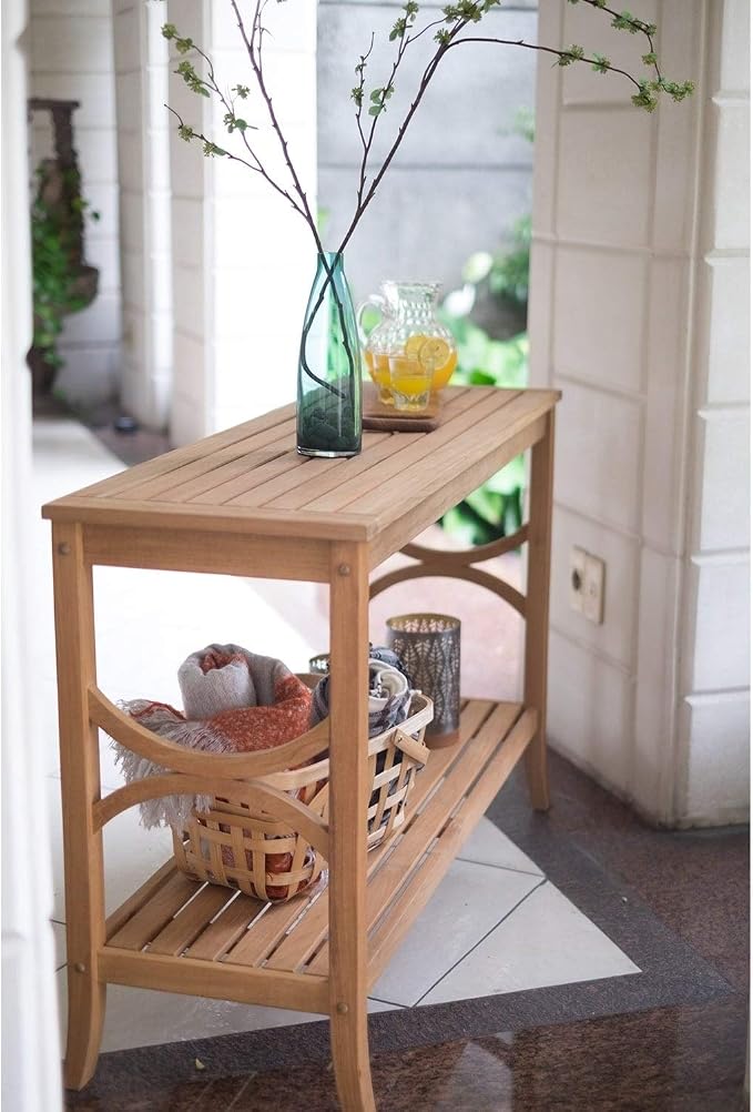Teak Patio Console Table Brown Farmhouse Rectangle Wood Finish Weather Resistant