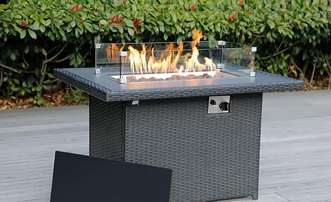 11 Piece Ohana Outdoor Patio Furniture Sunbrella Beige Black Wicker Conversation Set with Fully Assembled Sectional and 42-inch Propane Gas Fire Table