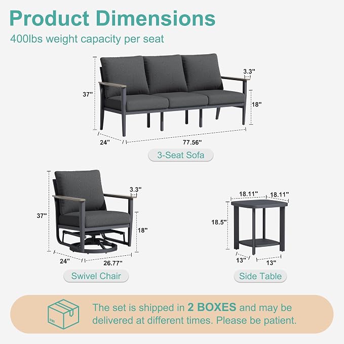 Aluminum Outdoor Patio Furniture Set 5-Seat, Patio Conversation Set Sectional Furniture Set with Swivel Rocking Chairs High Backrest & Thickened Cushions for Garden, Backyard, Poolside, Dark Grey