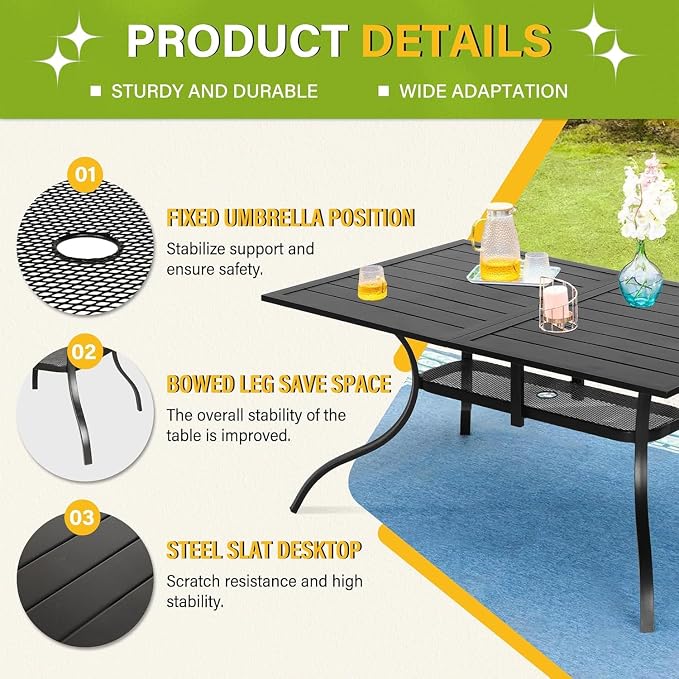 Oakcloud 7-Piece Metal Outdoor Furniture Patio Dining Set, 6 Metal Swivel Chairs and Rectangle Dining Table with Umbrella Hole, Black