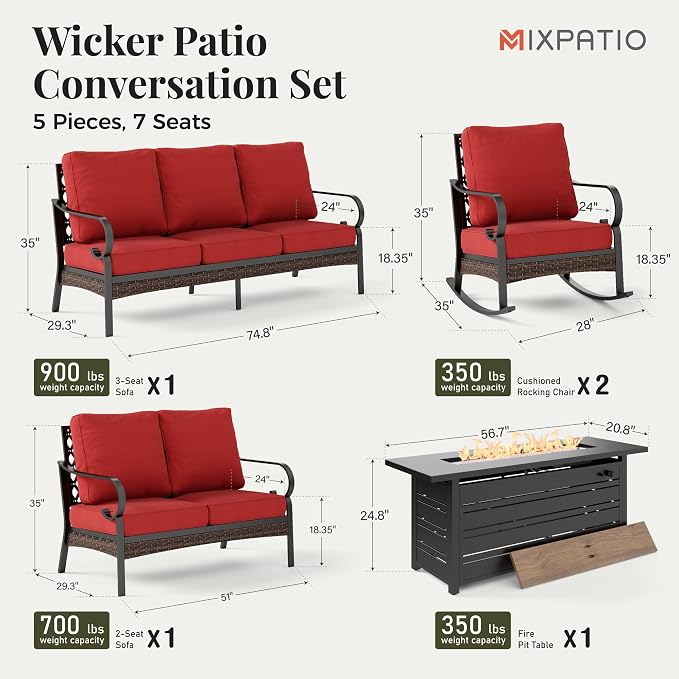 MIXPATIO Patio Furniture Set with Fire Pit Table, Metal Outdoor Conversation Set with 5.75'' Extra Thick Cushion, 2 Rocking Chairs, Loveseat Sofa, 3-Seat Sofa and Gas Fire Pit Table, Red