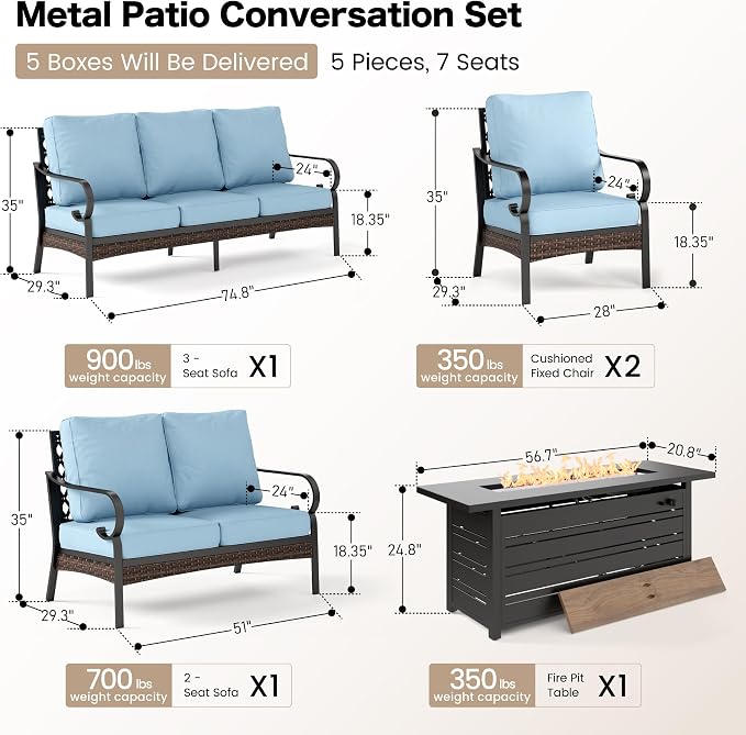 SUNSHINE VALLEY 5 Piece Metal Outdoor Patio Furniture Sets with Firepit Table, Patio Conversation Sets 1 3-Seater Sofa, 1 2-Seater Loveseat, 2 Single Sofa with 5.75" Cushion for Backyard Deck, Blue