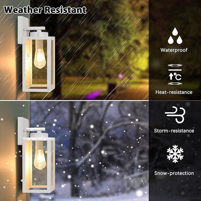 BesLowe Outdoor Wall Light Fixtures, White Exterior Wall Lanterns | Waterproof Metal Construction, Rust-resistant, Quick & Easy Installation, Clear Glass Shades & Standard E26 Socket