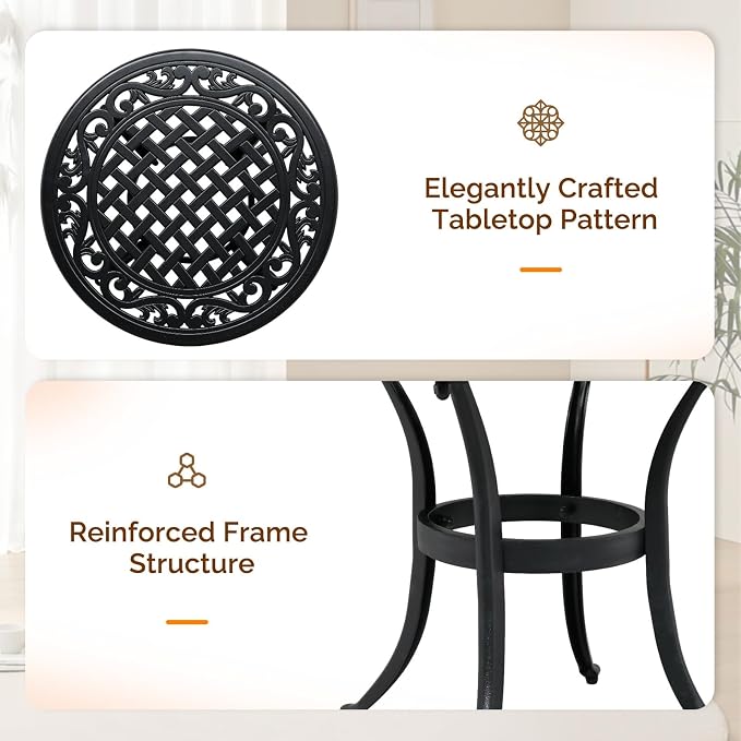 VINGLI 24” Cast Aluminum Outdoor Side Table, All Weather Round Patio Side Table End Table for Porch Backyard Balcony Outside (Black)