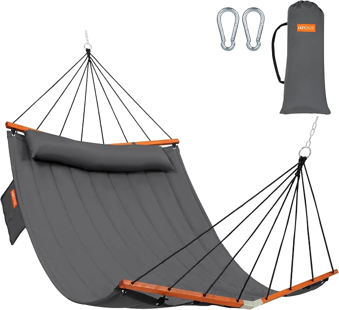Lazy Daze Hammocks 12FT Quilted Double Hammock with V-Spreader Bar, 2 Person Portable Hammock with Nylon Rope, Side Pocket and Pillow, 450lbs Capacity, Includes Carry Bag for Outside, Grey