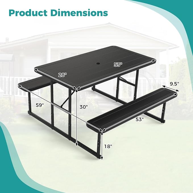 Byroce Outdoor Picnic Table for 4 Person, Rectangular Picnic Camping Table Set with Long Benches, Umbrella Hole & Metal Frame, Heavy Duty HDPE Dining Table Chairs for Patio, Yard & Poolside (Black)