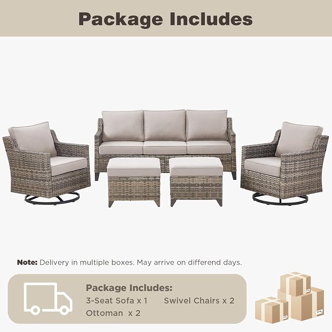 Belord Patio Wicker Swivel Rocker Patio Chairs with 3-Seater Sofa, Outdoor Rattan Chairs for Deck Porch Garden, 5 Piece Patio Conversation Furniture Set,Beige