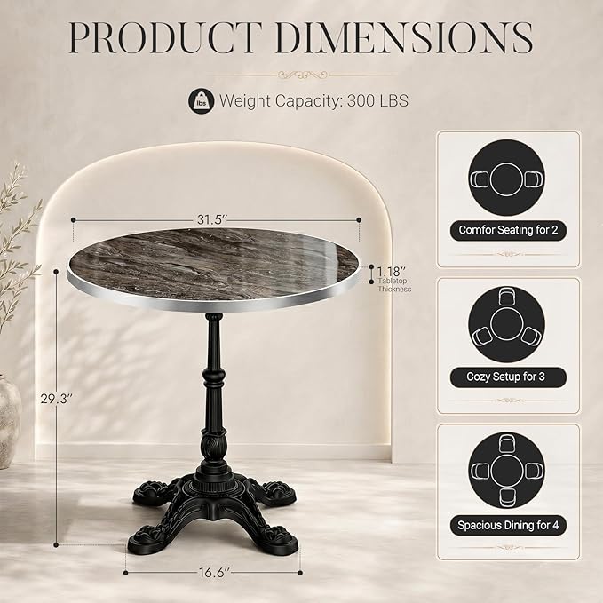 31.5" Outdoor Tulip Dining Table with Sintered Stone Tabletop and Cast Iron Base, Antique Patio Bistro Table for 2-4 Person for Indoor Outside Cafe Restaurant Backyard Garden (Venetian Brown Marble)