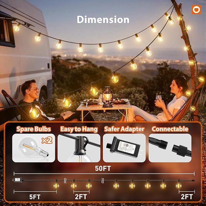 addlon Outdoor String Lights 50FT G40 with Remote 27 LED Shatterproof Bulbs | Dimmable Patio Globe Lights Waterproof, Hanging Outside Lighting for Backyard, Garden, Deck, Balcony, Porch, Café, Decor