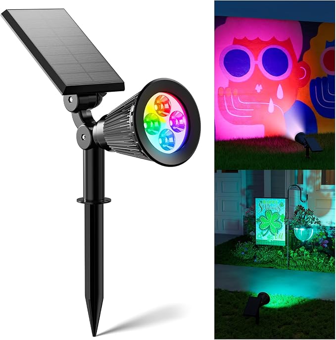 Color Changing Solar Spotlights Outdoor for Tree, Flower, Plant, Statue, Decorations, Wall, Waterproof Rainbow Lanscape Spot Lights for House Outside, Yard, Garden, Patio, 8 Coloful Uplighting Modes