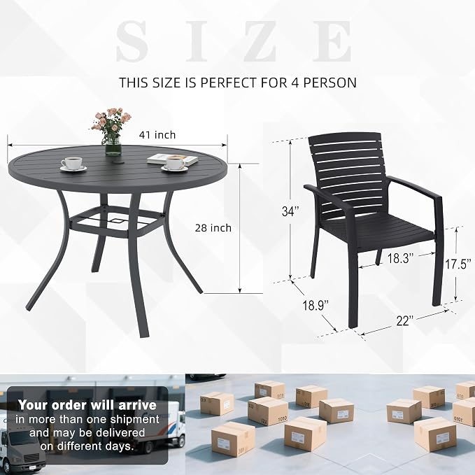 Outdoor 41" Round Table and Aluminum Stackable Chairs Small Dining Set 5 | Aluminum Frame Chairs, Resin Chair Seat, Resin Chair Back, 4 Piece Stackable Chairs, 1 Piece Black Metal Table, 4 Person Set