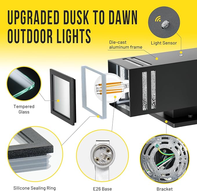 Dusk to Dawn Outdoor Wall Light 2 Pack, Modern Exterior Lighting Fixtures for House, Black Outdoor Sconce Lights with LED Bulbs, Up Down Lights, Outside Garage Lights for House, Porch, Door