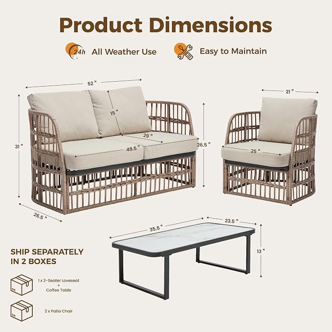 Patio Wicker Furniture Set, Outdoor Sectional Furniture Set, 4 Piece Rattan Patio Conversation Sets, Balcony Loveseat, Outdoor Sofa for Backyard, Garden, Outside, Lawn, Poolside, Beige