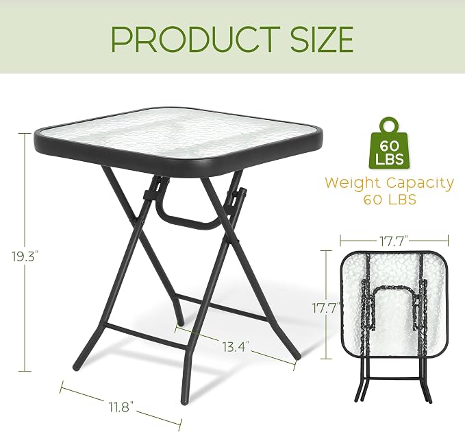 Folding Outdoor Side Table -Patio End Bistro Tables Portable Small 17.5" Square Tempered Glass Top Waterproof Dining Coffee Metal Black