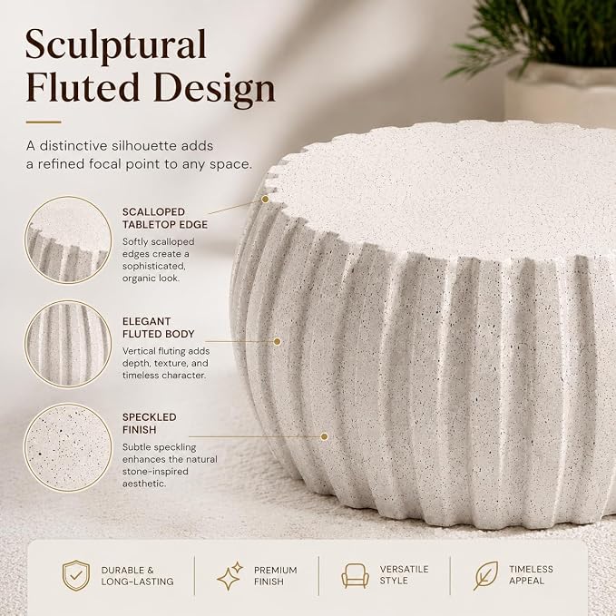 35.43" Concrete Outdoor Table,Modern Round Stone Coffee Table,Waterproof Outdoor Coffee Table for Patio for Terraces, Gardens, Backyards and Living Rooms (White, 35.43")