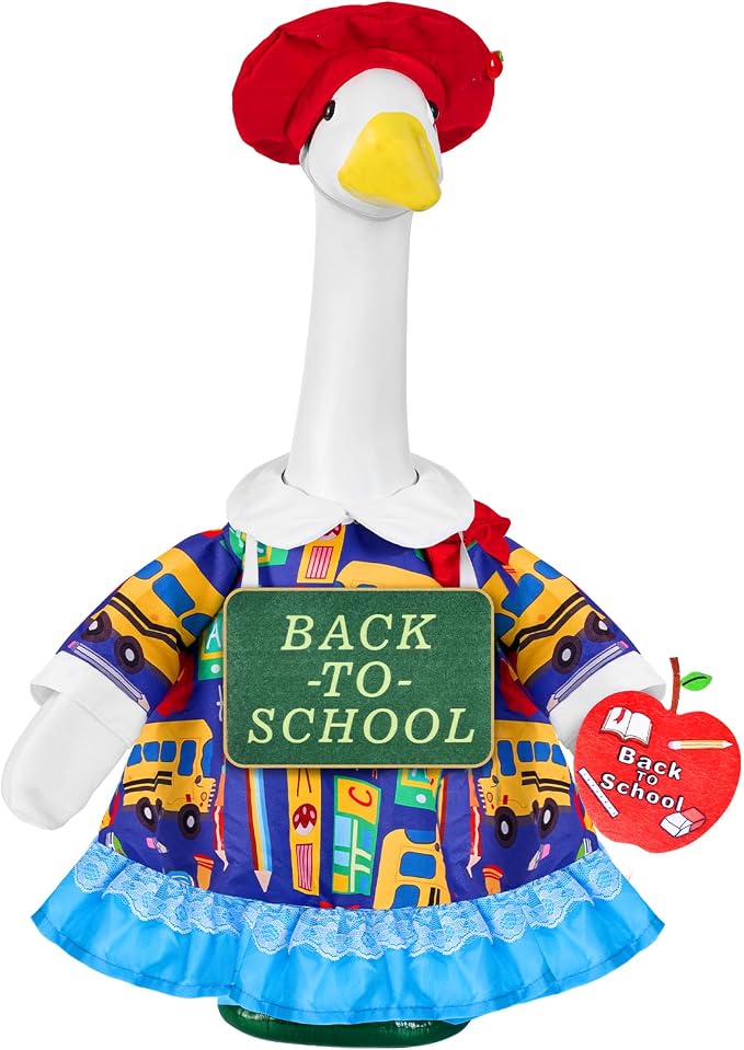 1 Set Back to School Porch Goose Outfit for 23 Inch Lawn Goose Statue | School-Themed Goose Clothes with Dress,Hat,Neck Sign,Apple Felt Sticker & Glue Dots for Patio,Yard,Classroom or Garden Decor