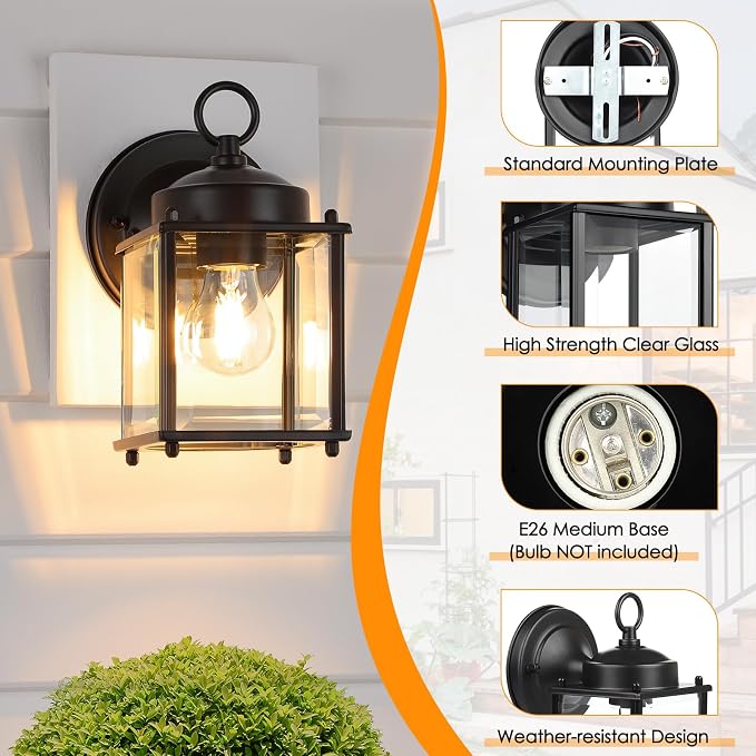 MATAMEYE Outdoor Wall Lantern, Exterior Waterproof Wall Sconce Light Fixtures, Black Front Door Wall Lighting with Clear Beveled Glass Shade, 2 Pack