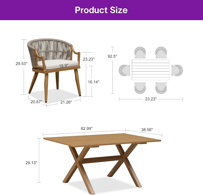 PURPLE LEAF 7 Pieces Outdoor Dining Set All Weather Wicker Patio Dining Set with Rectangular Aluminum Table and Modern Armrest Dining Chairs for Garden Deck Backyard Kitchen, Teak