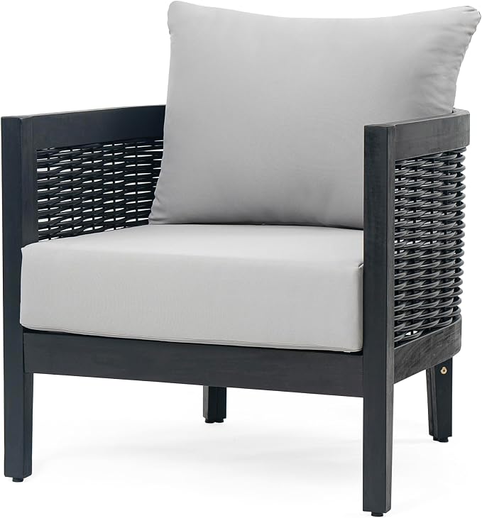 Christopher Knight Home Peron Patio 4-Seater Conversation Set, Sofa/Loveseat, 2 Club Chairs, Coffee Table, Cushion+Back Pillows, Acacia Wood+Wicker, Garden, Backyard, Poolside, Black + Light Grey