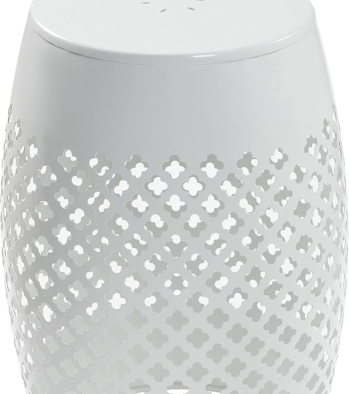 AC Pacific Outdoor Indoor Lace-Cut Iron Drum Side Table, Powder-Coated, Unique and Versatile Metal Pedestal Stand, Modern Contemporary Accent Piece, White
