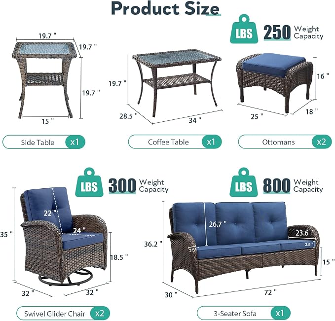 7 Piece Patio Furniture Set - Wicker Patio Conversation Set with Swivel Glider, 3 Seat Sofa, 2 Ottomans, Glass Side Table and Coffee Table for Deck Backyard - Brown Wicker Blue Cushion