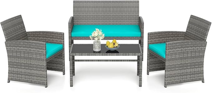 RELAX4LIFE 4-Piece Patio Furniture Set - Wicker Rattan Outdoor Sectional Sofa Set w/Glass Coffee Table, Loveseat, 2 Single Chairs & Soft Cushions, Bistro Conversation for Garden Porch (1, Turquoise)